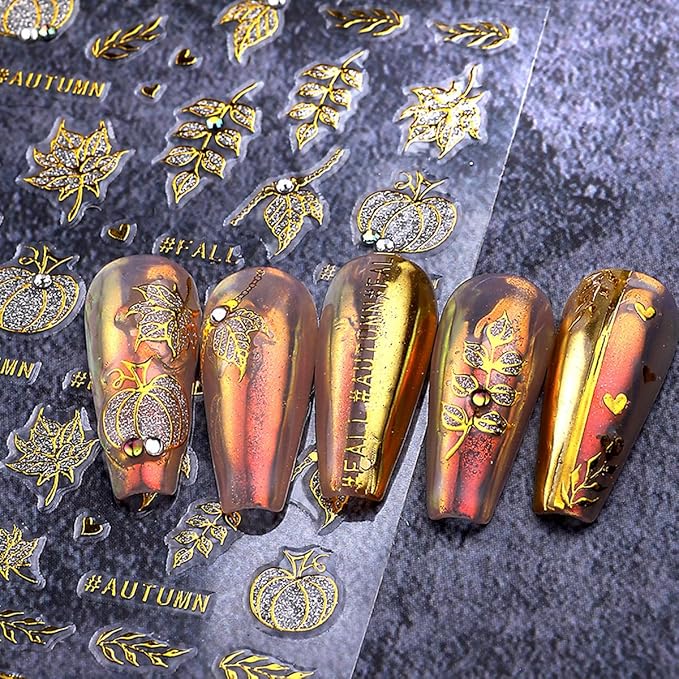 Fall Maple Leaves Nail Art Stickers, Gold Glitter Nail Decals 3D Self-Adhesive Pumpkin Fall Leavers Nails Stickers with Rhinestone Design 3Pcs Nail Art Supplies for Women Nail Decoration