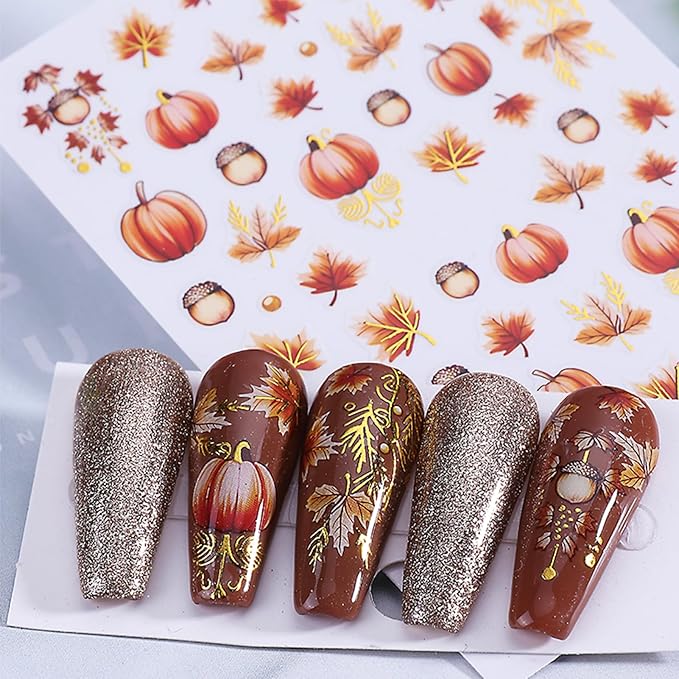 Fall Nail Stickers - Autumn Glitter Pumpkin Leaf Self-Adhesive 3D Nail Decals for Women Girls DIY Thanksgiving Day Manicure (5 Sheets)