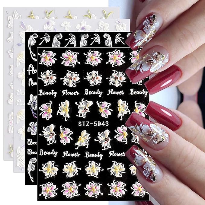 3D Embossed Spring Flower Nail Art Stickers Decals 4 Sheets 5D Self-Adhesive Pegatinas Uñas Pink Cherry Blossoms Floral Nail Supplies Nail Art Design Decoration Accessories
