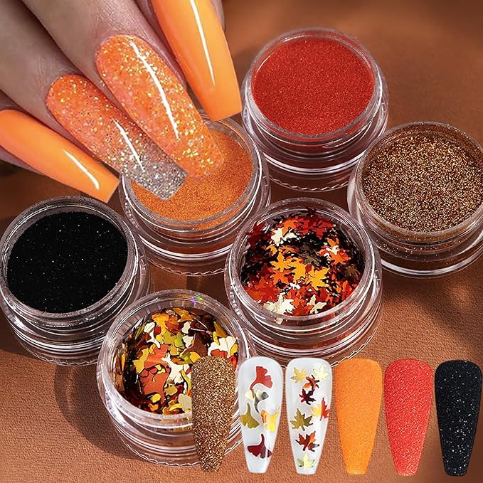 Fall Nail Art Glitter Maple Leaf Nail Sequins Flakes, 4 Colors Manicure fine Glitter Powder, 3D Holographic Ginkgo Biloba Nail Stickers Decals Supplies Nail Charms for Women Girls 6 Box