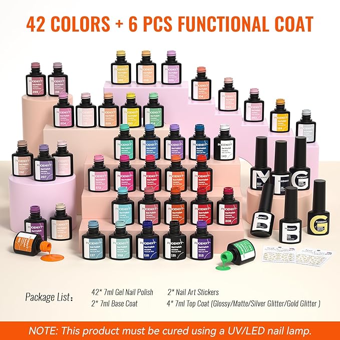 phoenixy 50 Pcs Gel Nail Polish Set, 42 Colors Gel Nail Polish Kit with Base & Glossy Matte Glitter Top Coat Pink Red Purple Blue White Nail Polish Starter Set Gifts for Women Girls
