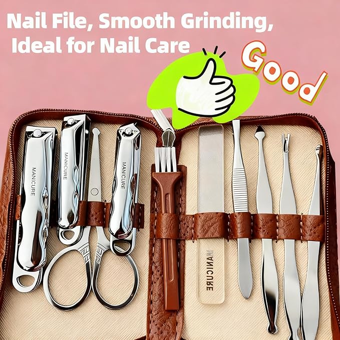 Manicure Sets Stainless Carbon Steel and Pedicure Kits – Nail Clippers with Leather Case, Portable Unisex (Ideal for Women) Personal Care Tools for Perfect Nail Grooming(Brown)