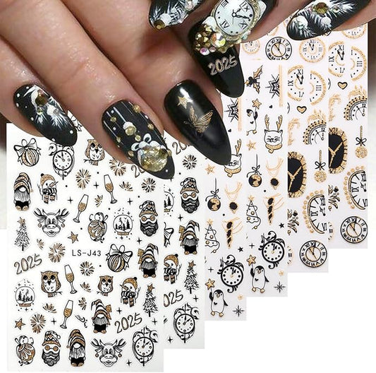 6 Sheets Christmas Nail Art Stickers - 3D Self-Adhesive New Year Countdown Nail Decals with Snowflake, Elk, Glitter Santa Claus & Snowman Designs for Women's Xmas Party Nail Decorations