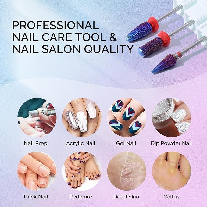 MelodySusie 3Pcs Nail Drill Bits Set, 3/32'' Carbide Tungsten Bits, Long Flame, Smooth Round Top Small Barrel and Tapered Nib Bits, Suitable for Manicure Pedicure Cuticle Gel Acrylic Remover, Purple