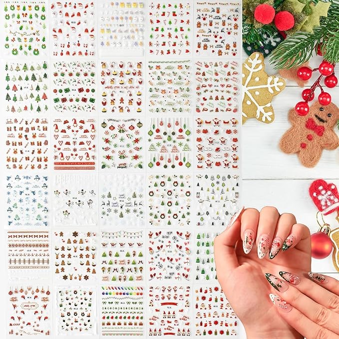 30PCS Christmas Nail Art Stickers Decals 3D Self-Adhesive Xmas Nail Decals Nail Art Supplies Xmas Tree Santa Claus Elk Cartoon Christmas Nails Design Adhesive Stickers for Women DIY Nail Decorations