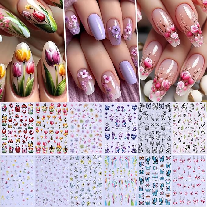 Flower Stickers Nail Art Decals 12PCS Summer Nail Art Designs with Tweezers Tulip Butterfly Leaf Florals Ladybug Decals 3D Self-Adhesive Manicure Simple Nail Stickers for Women Acrylic Nails Supplies
