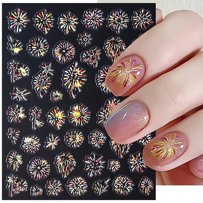 Glitter Firework Nail Art Stickers - Celebrating The New Year, 4th of July Shining Starry Sky Self-Adhesive Nail Decals for DIY Patriotic Independence Day Memorial Day Manicure (3 Sheets)