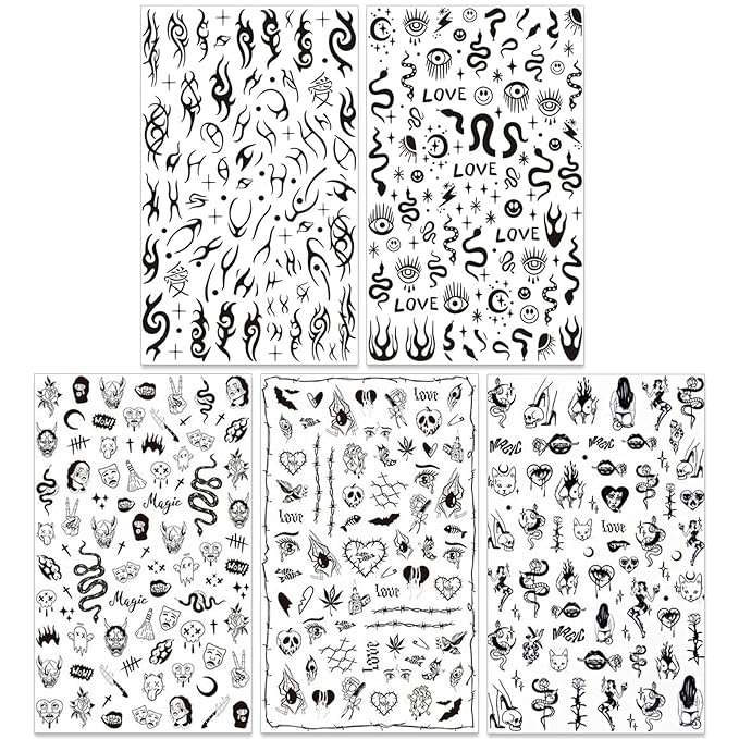 Gothic Nail Art Stickers - Halloween Black Snake Skull Fire Self-Adhesive 3D Nail Decals for DIY Punk Horror Manicure (5 Sheets)