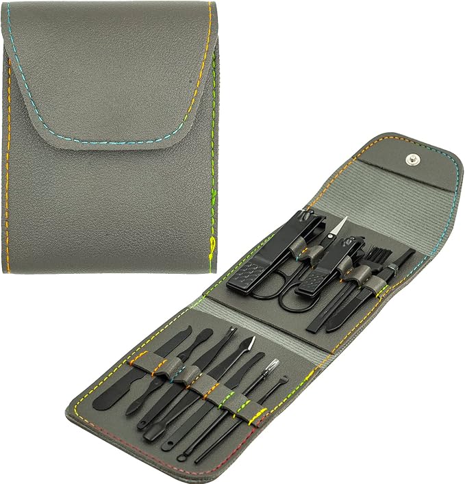 Nail Clipper Set, 12PCS Manicure Set Fingernail Clippers Kit Black Stainless Steel Pedicure and Manicure Kit with Grey PU Leather Case