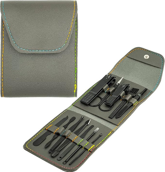 Nail Clipper Set, 12PCS Manicure Set Fingernail Clippers Kit Black Stainless Steel Pedicure and Manicure Kit with Grey PU Leather Case