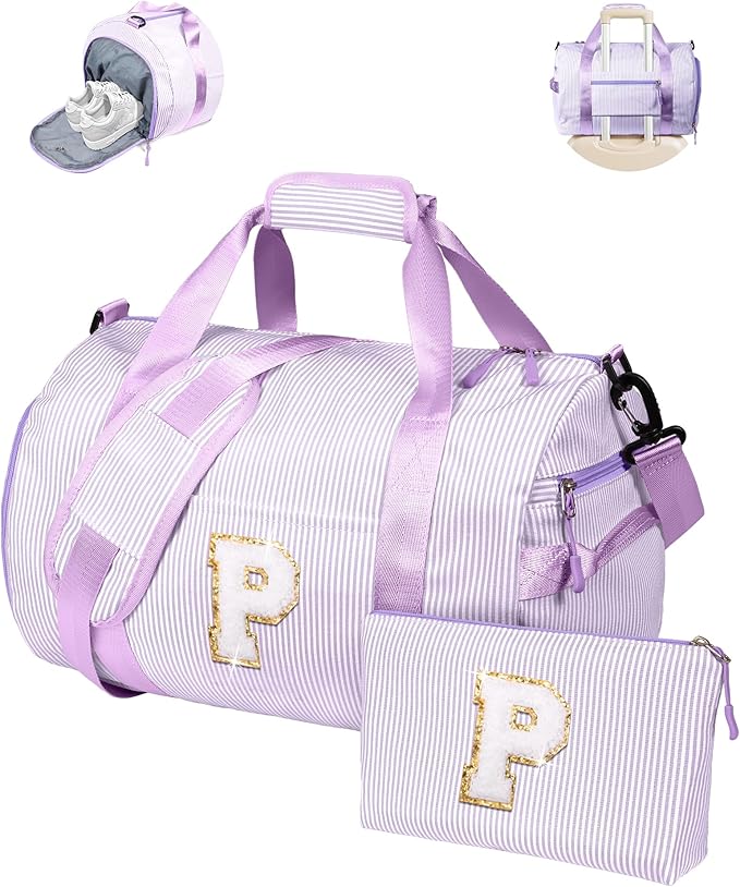 Gifts for Teenager, Girls Travel Duffle Bag, Kids Initial Overnight Duffel Bags with Shoe Compartment, Personalized Dance Bag with Cosmetic Pouch, Trendy Stuff (Letter P)