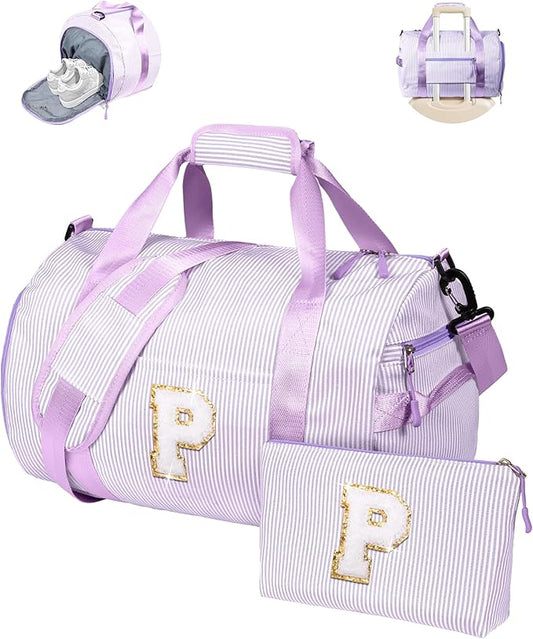 Gifts for Teenager, Girls Travel Duffle Bag, Kids Initial Overnight Duffel Bags with Shoe Compartment, Personalized Dance Bag with Cosmetic Pouch, Trendy Stuff (Letter P)