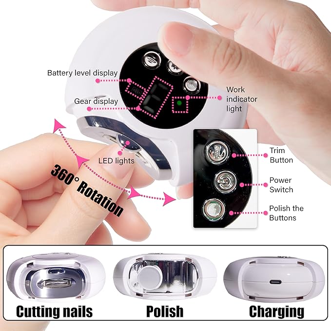 3-in-1 Electric Automatic Nail Clipper with Collector, 3-Speed Trimmer, USB Rechargeable,Suitable for Kids, Seniors, Caregivers,Self-polishing Effect Protect Your Fingers from Injury