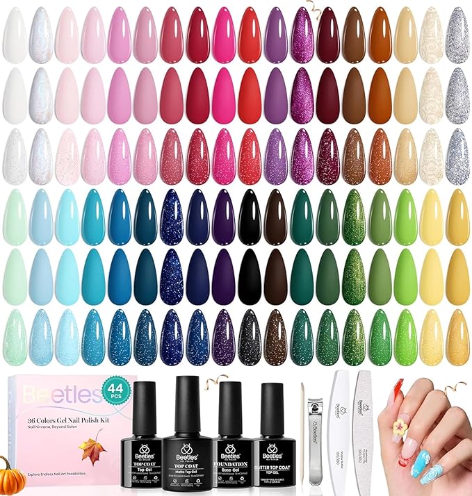 Beetles Gel Nail Polish Set - 44 PCS Brown Nude Burgundy Gel Polish Winter Nails Fairytale Town Collection with 4Pcs Base Glitter Matte Glossy Top Coat Soak off Uv Gel DIY Manicure
