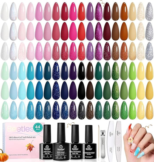 Beetles Gel Nail Polish Set - 44 PCS Brown Nude Burgundy Gel Polish Winter Nails Fairytale Town Collection with 4Pcs Base Glitter Matte Glossy Top Coat Soak off Uv Gel DIY Manicure