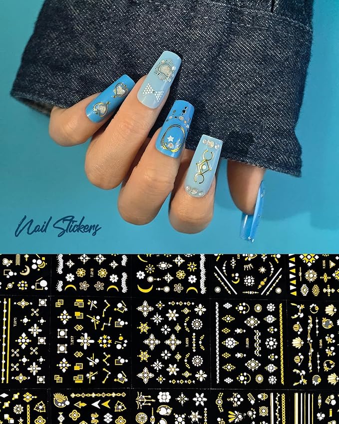 60 Sheets Nail Stickers for Nail Art, Self Adhesive Nail Decals with Colorful and Gold Nail Charms and Gems Nail Art Stickers, Nails Supplies for Nails Design Kit