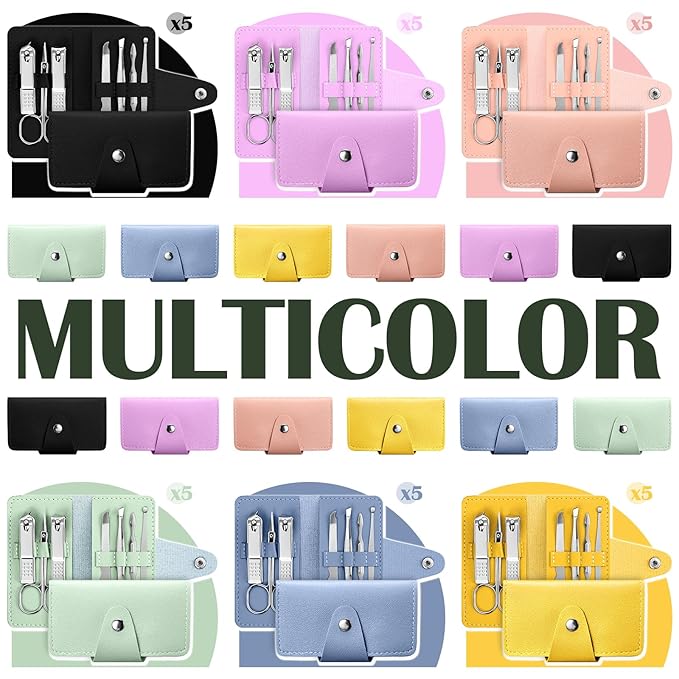 30 Set Manicure Kit Bulk Nail Clippers 7 in 1 Mini Nail Clippers Stainless Steel Professional Care Pedicure with Travel Bag Grooming Kit for Christmas Women Men Home(Soft Color,Simple)