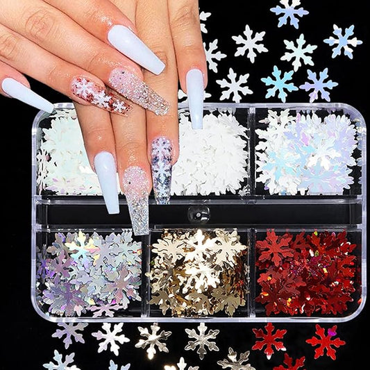 6 Grids Snowflake Nail Art Stickers Decals 3D Snowflake Nail Glitter Sequins Holographic Laser White Red Gold Silver Snowflake Glitter Flakes Winter Christmas Snow Nail Art Glitter Decoration