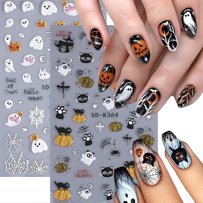 Halloween Nail Art Stickers Black Cat 5D Self-Adhesive Nail Stickers Cute Ghost Nail Decals Pumpkin Nail Art Spider Web Nail Decals Decoration Accessories for Women and Girls 2 Sheets