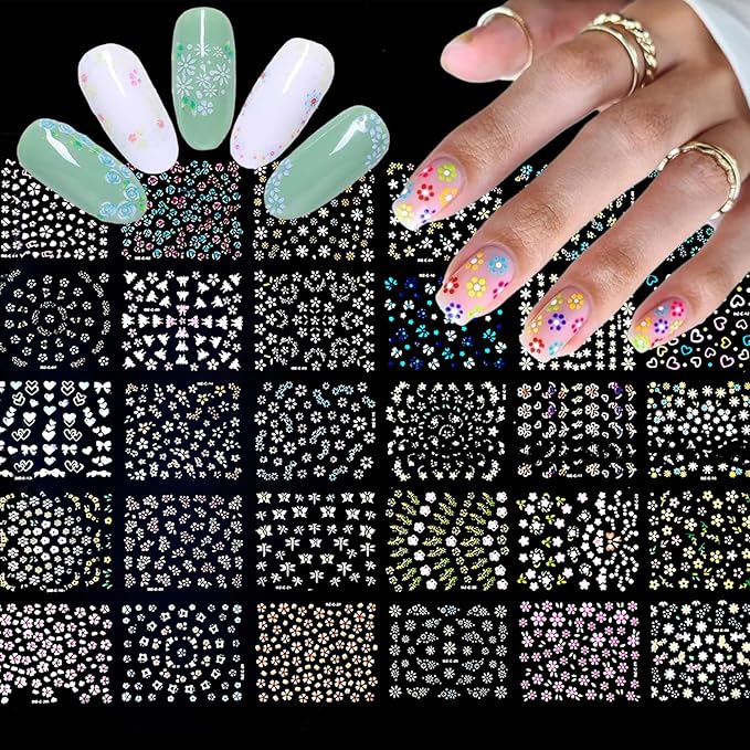 30 Sheets Flower Nail Art Stickers Decals Colorful Flower Nail Stickers 3D Self Adhesive Cute Daisy Floral Nail Decals Heart Nail Supplies Nail Art Design Decoration Accessories for Women and Girls