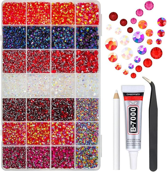28 Types Red Jelly Resin Rhinestones w B7000 Jewelry Glue for Bedazzling Crafting 3mm-6mm Flatback Colorful Ruby AB Stones Gems Diamonds for Nails Face Makeup Crafts Tumblers Bottles Clothes