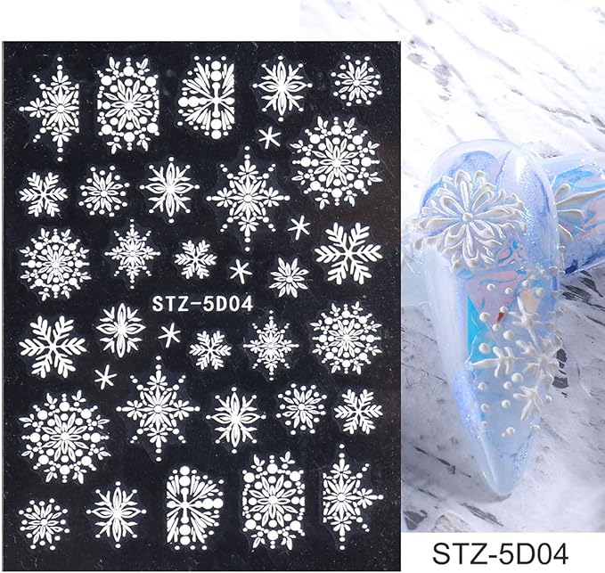 5D Embossed Snowflake Nail Art Stickers Christmas Nail Decal White Flower Lace Nail Decal Snowflake Leaf Nail Sticker Design Self-Adhesive Nail Decoration Supplies for Women DIY Christmas Manicure