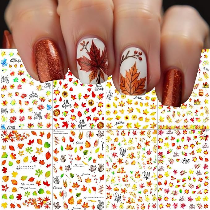 8 Autumn Maple Leaf Nail Art Stickers 3D Self-Adhesive Golden Maple Leaf Ginkgo Leaf Squirrel Cute Nail Decal Designs Women Girls Thanksgiving Nail Art Decoration Supplies