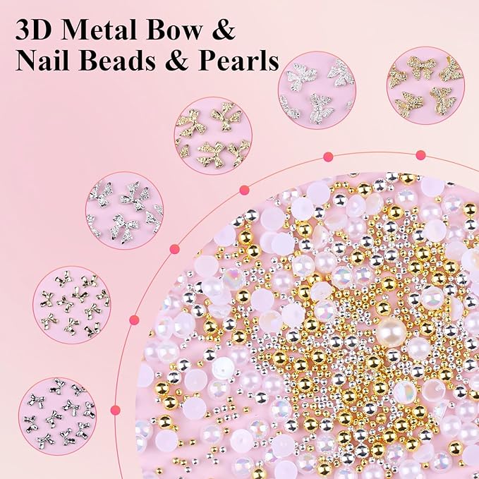 3D Metal Bowknot & AB Pearl and Mini Beads Nail Art Kit - Gold/Silver Alloy Bowknot, 1-2mm Stainless Steel Caviar Beads, 3mm Half Pearls for Professional Salon & DIY Manicure Jewelry Designs (Set 1)