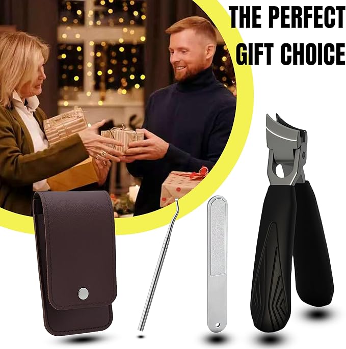 [2+1Pieces] Long Handle Wide Jaw Opening Anti-Splash Slanted Portable Nail Clipper for Thick Nails,Heavy Duty Ingrown Toenail Clippers Nail Cutters,Suitable for Men, Women, and The Elderly - Black