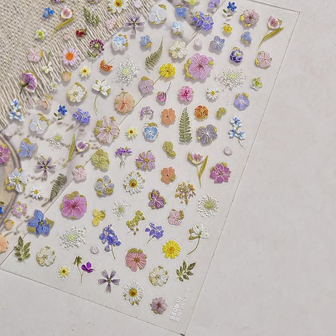 Flowers Nail Art Stickers Colorful Dried Flower Nail Decals 3D Self Adhesive Gold Foil Designs Spring Summer Nail Sticker Daisy Nail Stickers Cute Floral Nail Decal for DIY Nail Art Nails Decor Women