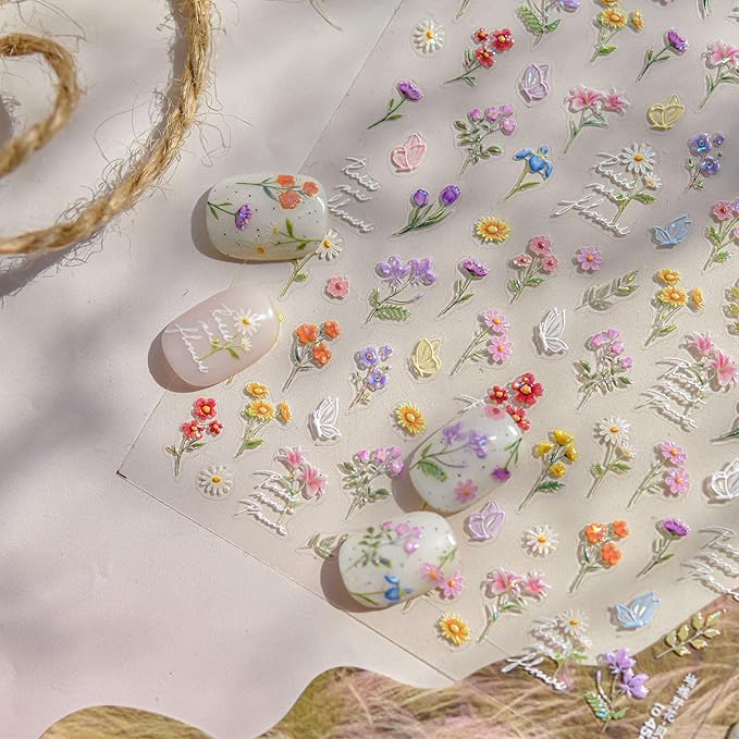 Flowers Nail Art Stickers for Acrylic Nails Colorful Flower Nail Decals 5D Embossed Self Adhesive Daisy Nail Sticker with Butterfly Designs Nail Stickers Spring Cute Floral Nail Decal for Women