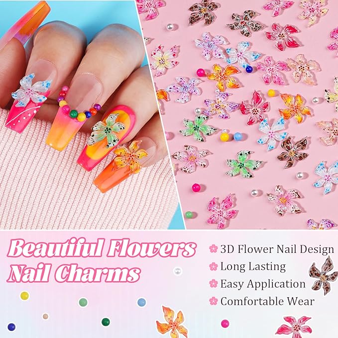 300Pcs Flower Nail Charms Kit, 100Pcs 3D Hawaii Flowers and 100Pcs Nail Pearls with 100Pcs Macaron Beads, Colorful Hibiscus Floral Charms Tiny Gems Round Beads for Nails Designs DIY Crafts