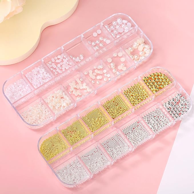 2 Boxes Flatback Pearls (White+Beige) and Silver+Gold Nail Beads for Nail Art with Rhinestone, Pearl Nail Charms and Gems and Small Round Caviar Beads for Acrylic Nail Tips Manicure 3