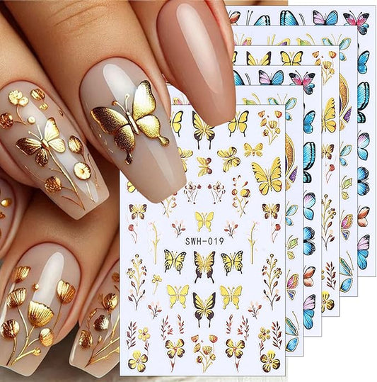 6 Sheets Butterfly Nail Decals for Nail Art Spring Flower Nail Stickers 3D Self-Adhesive Colorful Butterfly Nail Art Stickers Gold Floral Leaf Nail Decoration for Women Girls DIY Manicure Supplies
