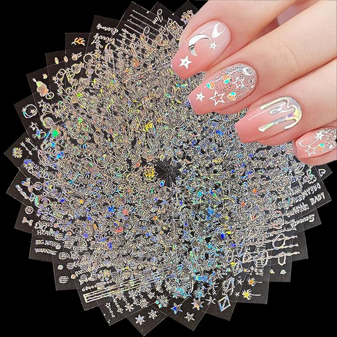 30 Sheets Silver Nail Art Stickers Aurora Star Moon Nail Decals 3D Self-Adhesive Holographic Line Nail Stickers Laser Heart Letter Snowflake Leaf Nail Supplies for Women Girls Manicure DIY