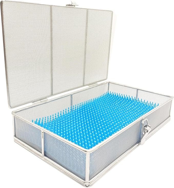 Instrument Tray with Silicone Mat&Lid, 11.81"x7.87"x2.75" (30x20x7cm), 304 Stainless Steel Sterilization Basket–Ultrasonic Perforated Mesh Tray for Ophthalmic, ENT Instruments, Cleaning&Sterilization
