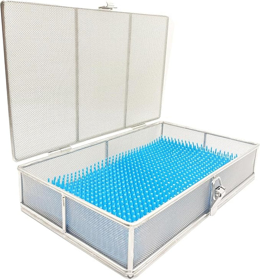 Instrument Tray with Silicone Mat&Lid, 11.81"x7.87"x2.75" (30x20x7cm), 304 Stainless Steel Sterilization Basket–Ultrasonic Perforated Mesh Tray for Ophthalmic, ENT Instruments, Cleaning&Sterilization