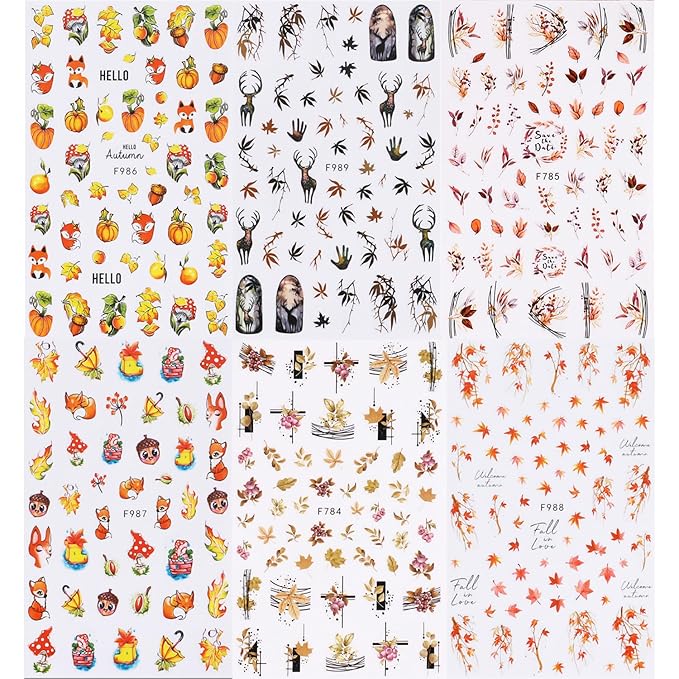 6Sheets Fall Nail Art Stickers Gold Yellow Maple Leaf 3D Self-Adhesive Nail Decals Cute Squirrel Elk Designs Autumn Nail Decorations Thanksgiving Nail Supplies for Women Girls DIY Nail Accessories