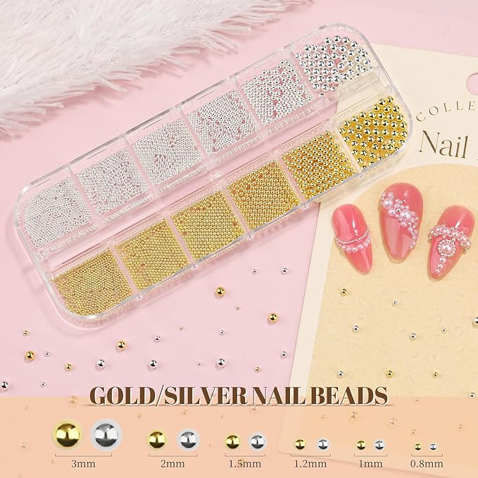 2 Boxes Sparkling Nail Pearls/Beads Kit, 1.5-5mm Beige & White Flatback Pearls and 0.8-3mm Silver & Gold Nail Caviar Beads for Women DIY Manicure Crafts (10-S2-Pearls)