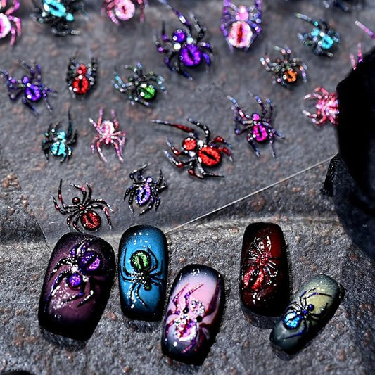 5D Spider Halloween Nail Stickers for Nail Art 3D Glitter Spider Web Nail Decals 1 Sheets Colorful Relief Spider Nail Art Designs Festive Embossed Adhesive Sliders Decal DIY Manicure Decor for Women