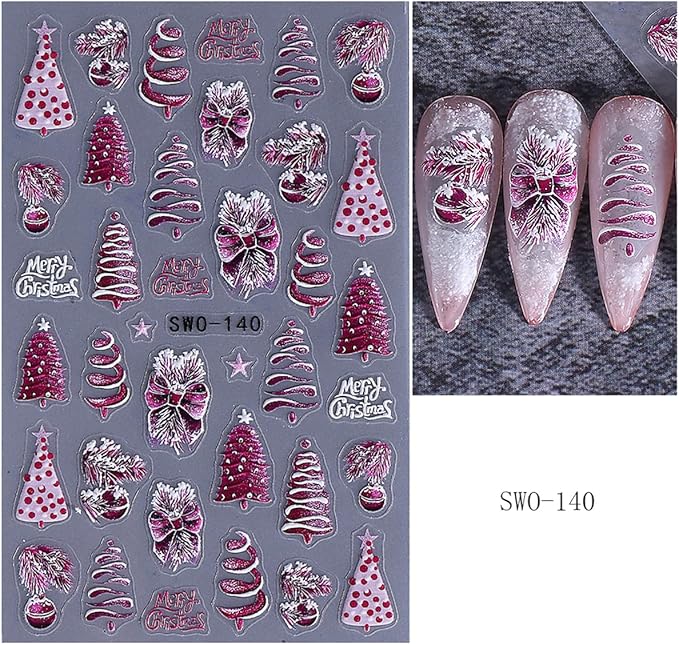 5D Embossed Christmas Nail Stickers for Nail Art - Pink Purple Nail Art Stickers Christmas Tree Bow Light Ball Nail Decals Snowflake Nail Supplies for Women DIY Christmas Decorations 3 Sheets