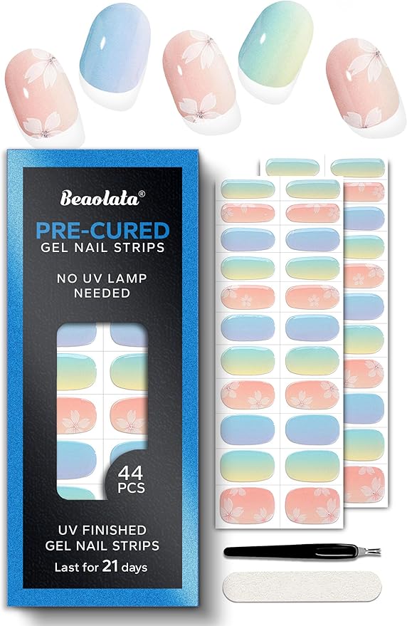 Pre Cured Gel Nail Strips - 44PCS Salon Quality Gel Nail Stickers - Long Lasting Polish Wraps for Women no UV Light Needed Easy Apply& Remove (Sorbet Blue）