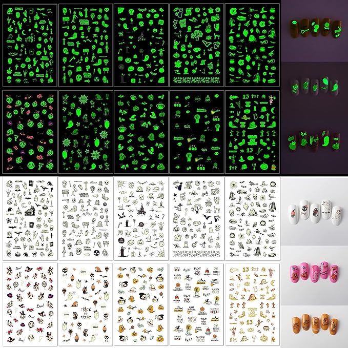 TailaiMei 10 Sheets Glow in The Dark Halloween Nail Stickers, Fluorescent Design Kids Nail Decals, Self-Adhesive DIY Nail Art Tips for Women Manicure