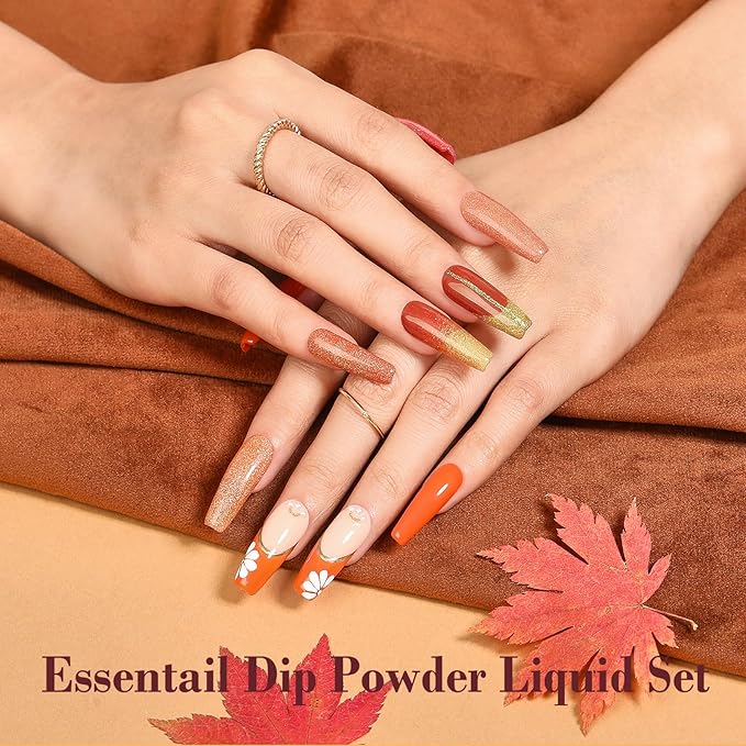 AZUREBEAUTY Dip Powder Nail Kit Starter, Orange Brown Glitter, 4 Fall Pumpkin Maple Dark Colors Set, French Halloween Nail Art Base Top Coat Activator Essential Liquid Manicure DIY Salon 12 PCS