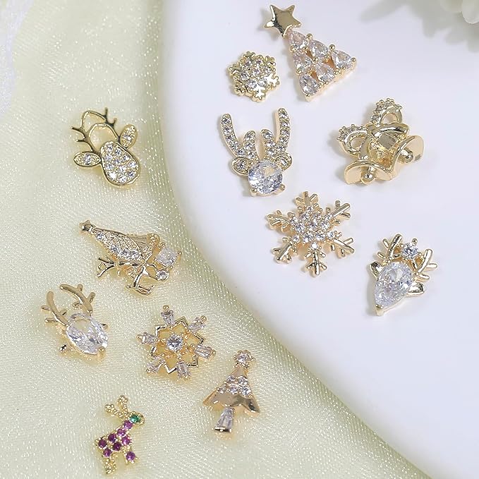 HNUIX 3D Nail Charms - Multi Shape, Zircon, Jewelry, Christmas, Gems Rhinestones, Gold Metal Base, for Nail Art