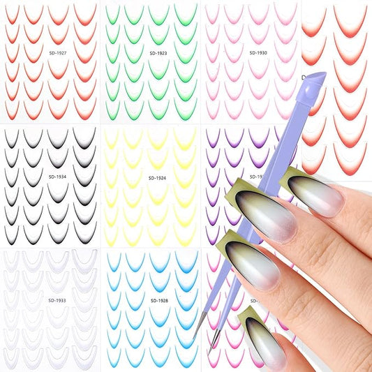 9 Sheets Colorful French Tip Nail Stickers, Gradient French Line Nail Art Stickers with Tweezer, French Tip Nail Decals 3D Self-Adhesive Nail Tips Guides for Women Manicure Decoration