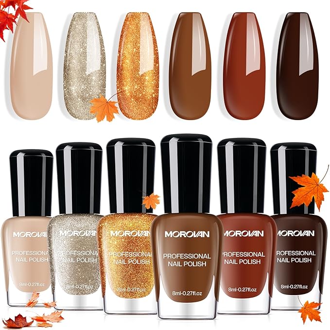Morovan Fall Nail Polish Set: Dark Brown Burnt Orange Chocolate Mocha Mousse Coffee 2025 Fingernail Polish Kit Glitter Autumn Winter Tan Nude Air Quick Dry Regular Home DIY Manicurist Women Girls Gift