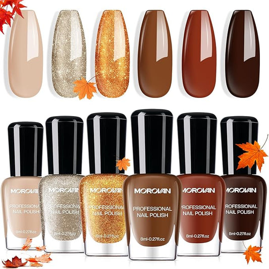 Morovan Fall Nail Polish Set: Dark Brown Burnt Orange Chocolate Mocha Mousse Coffee 2025 Fingernail Polish Kit Glitter Autumn Winter Tan Nude Air Quick Dry Regular Home DIY Manicurist Women Girls Gift