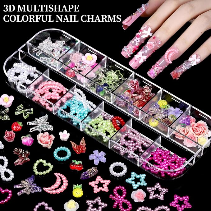 FANDAMEI Nail Charms, 8-Box Nail Charms and Gems, Fruit Bow Hawaii Flowers Petals 3D Nail Art Charms Bulk, Colorful Bubble Beads Nail Rhinestones, Gold Studs Flatback Nail Pearls for DIY