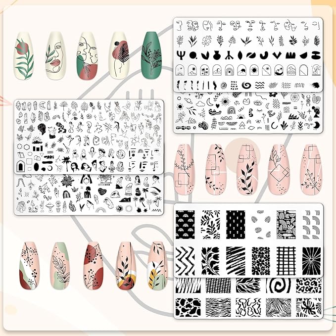 Whaline 6Pcs Abstract Lady Face Nail Plates Stamping Set Boho Plant Stamp Templates Nail Art Plates for DIY Print Manicure Salon Design Gift Supplies